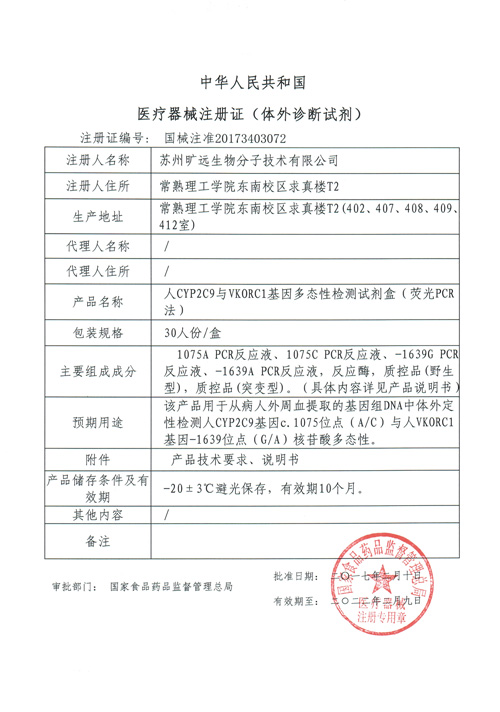 喜讯！苏州平博生物CYP2C9与VKORC1项目喜获Ⅲ类医疗器械注册证